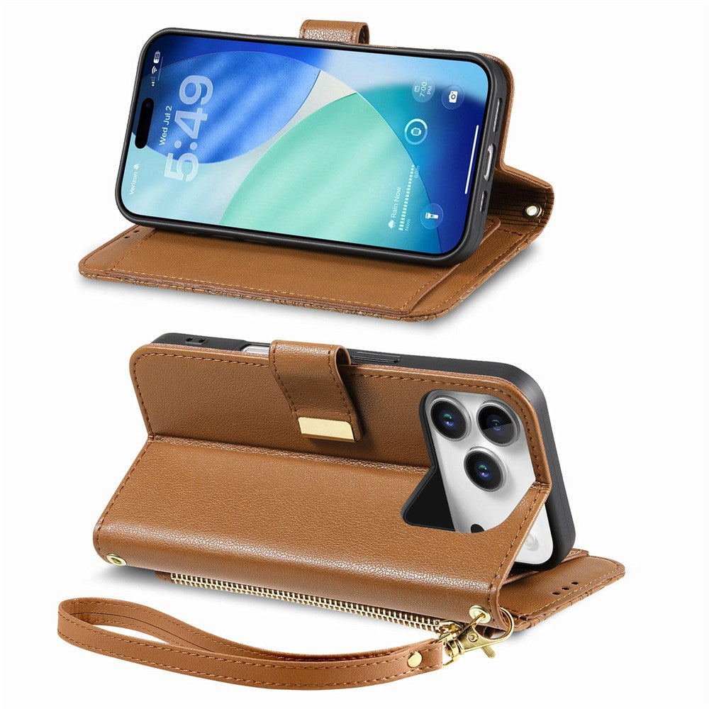 iPhone 17 Pro Wallet-Hülle – Blumenblattmuster, Reißverschluss & Handschlaufe