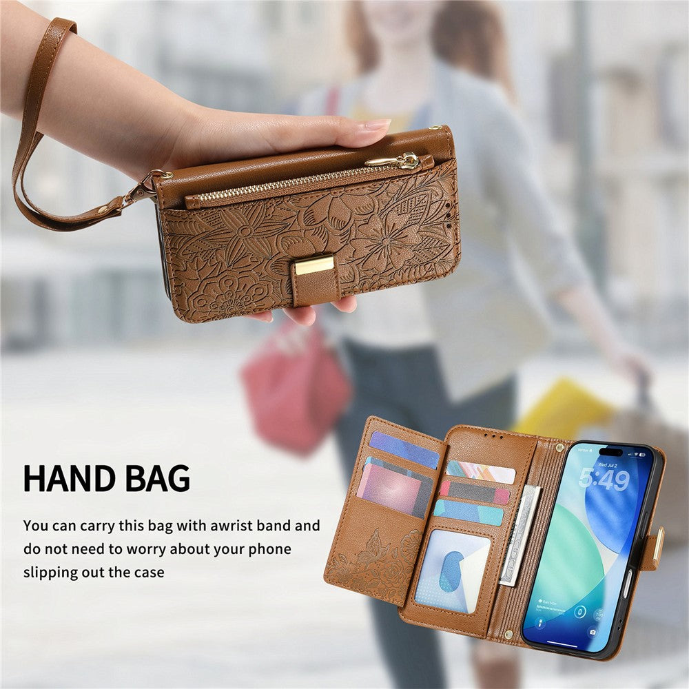 iPhone 17 Pro Wallet-Hülle – Blumenblattmuster, Reißverschluss & Handschlaufe