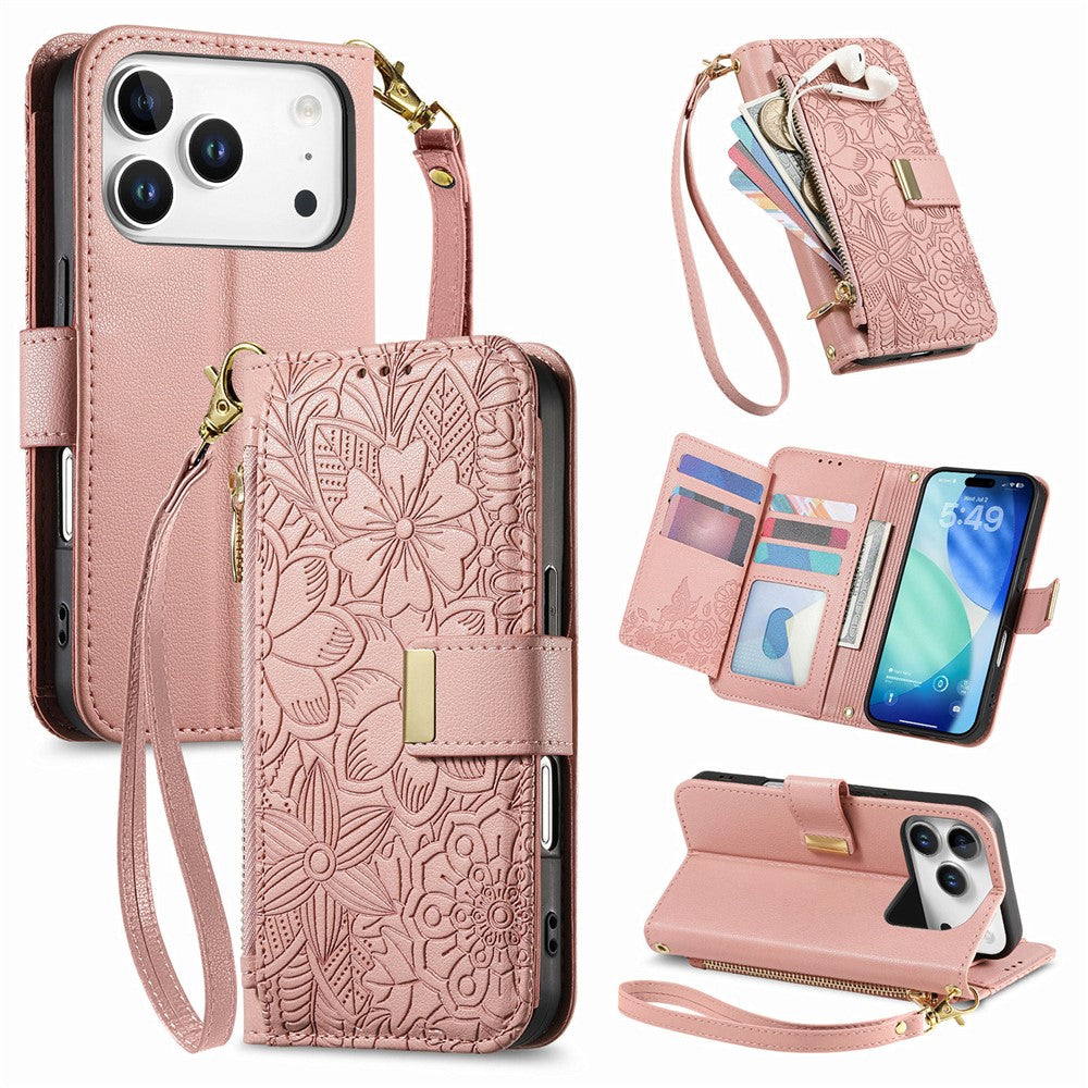 iPhone 17 Pro Wallet-Hülle – Blumenblattmuster, Reißverschluss & Handschlaufe