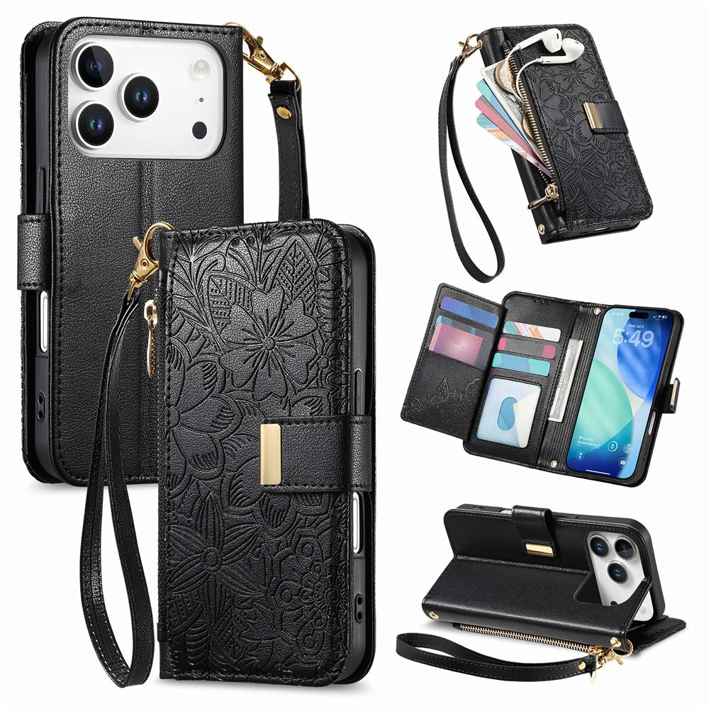 iPhone 17 Pro Wallet-Hülle – Blumenblattmuster, Reißverschluss & Handschlaufe