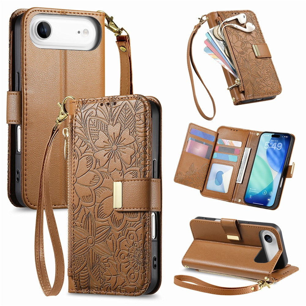 iPhone Air Wallet-Hülle – Blumenblattmuster, Reißverschluss & Handschlaufe