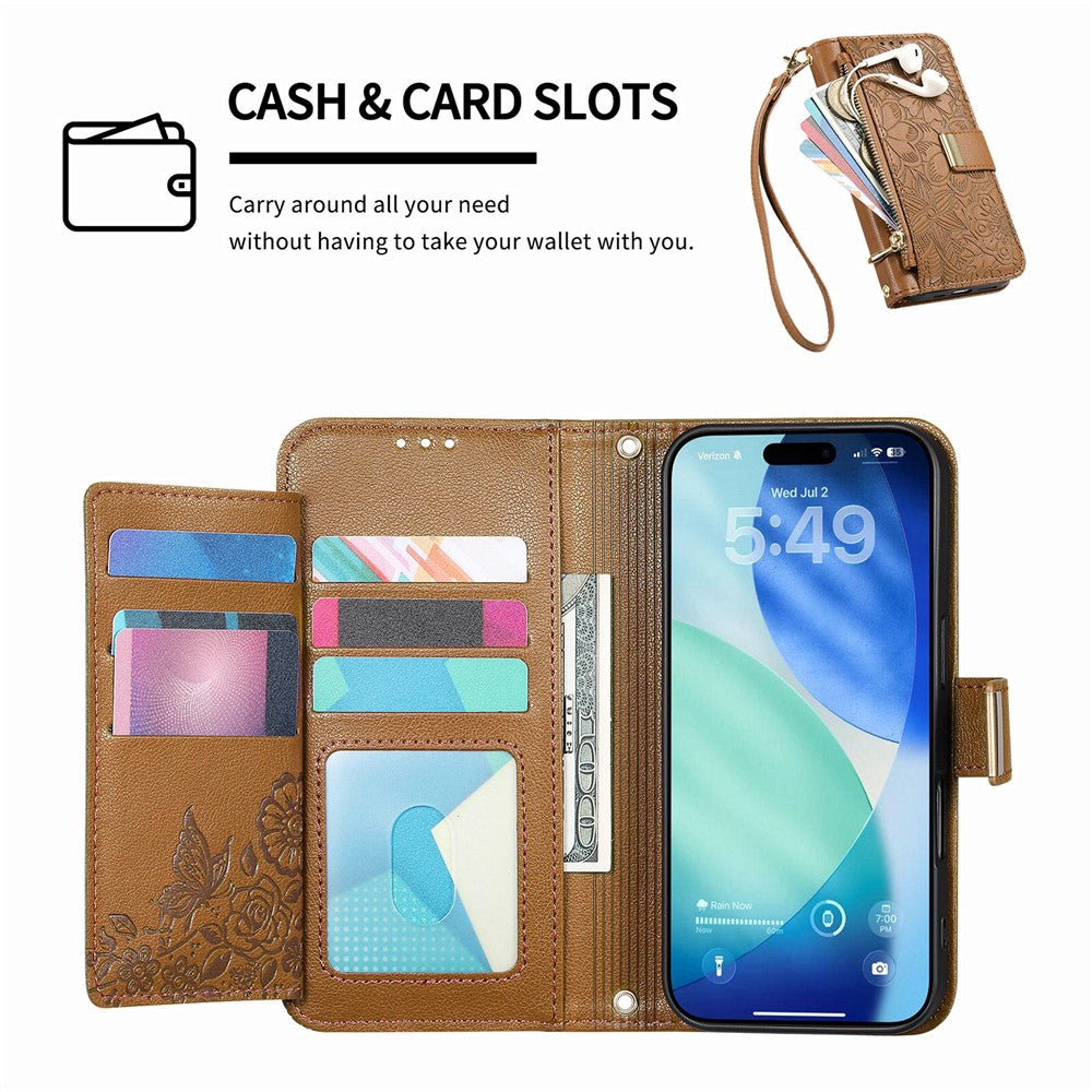 iPhone Air Wallet-Hülle – Blumenblattmuster, Reißverschluss & Handschlaufe
