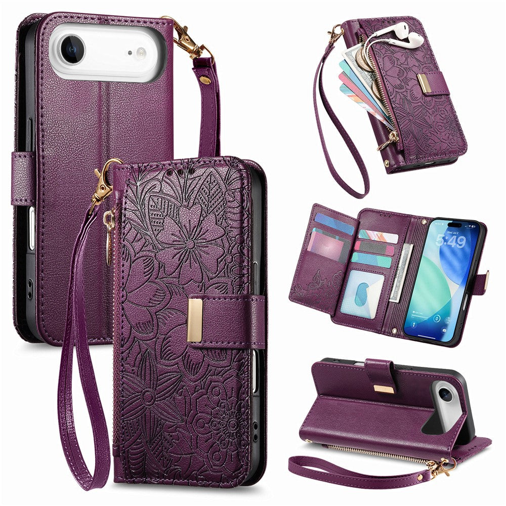 iPhone Air Wallet-Hülle – Blumenblattmuster, Reißverschluss & Handschlaufe