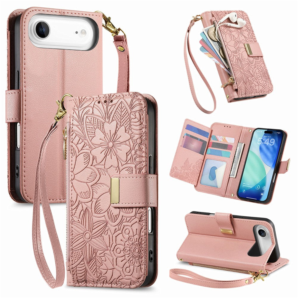 iPhone Air Wallet-Hülle – Blumenblattmuster, Reißverschluss & Handschlaufe
