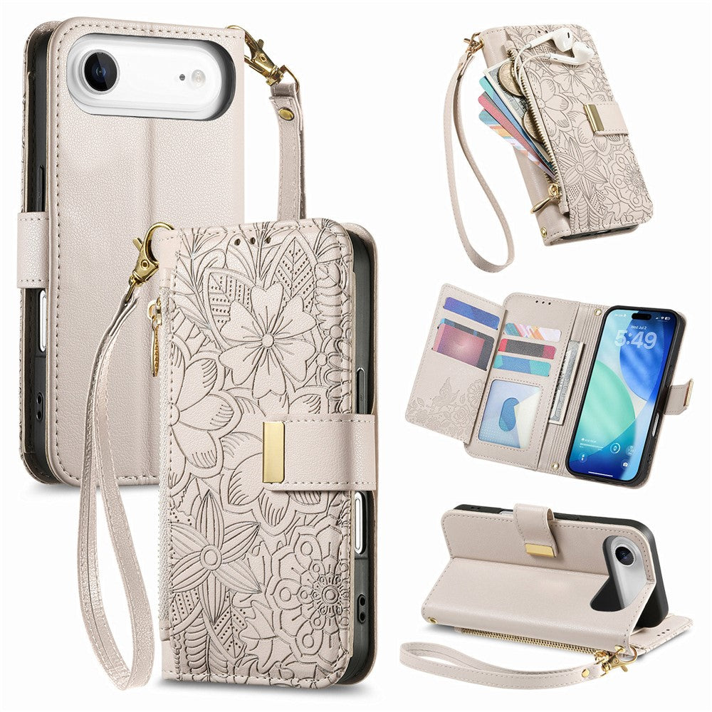 iPhone Air Wallet-Hülle – Blumenblattmuster, Reißverschluss & Handschlaufe