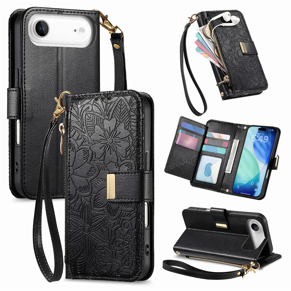 iPhone Air Wallet-Hülle – Blumenblattmuster, Reißverschluss & Handschlaufe