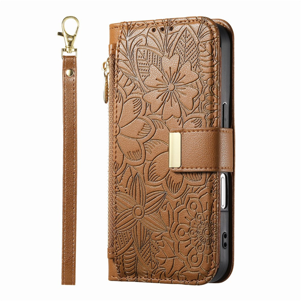 iPhone 17 Wallet-Hülle – Blumenblattmuster, Reißverschluss & Handschlaufe