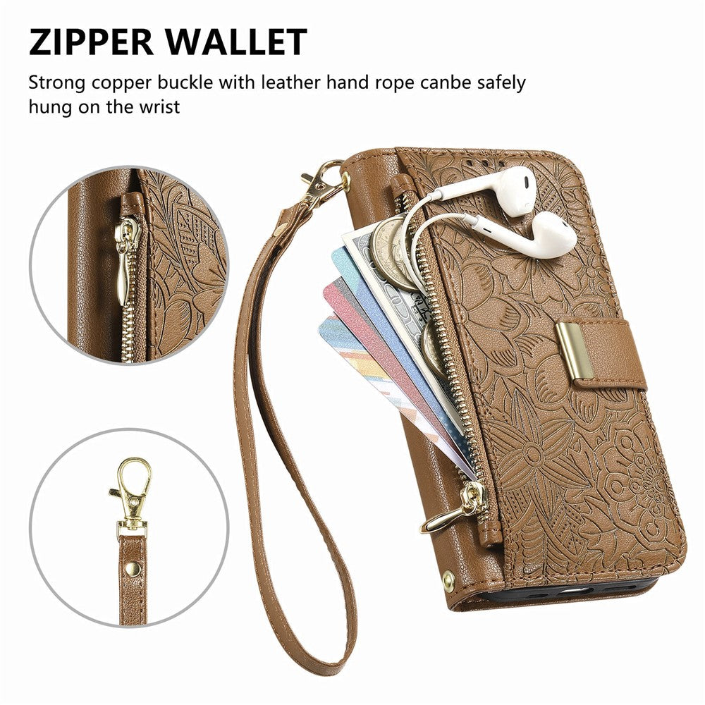 iPhone 17 Wallet-Hülle – Blumenblattmuster, Reißverschluss & Handschlaufe