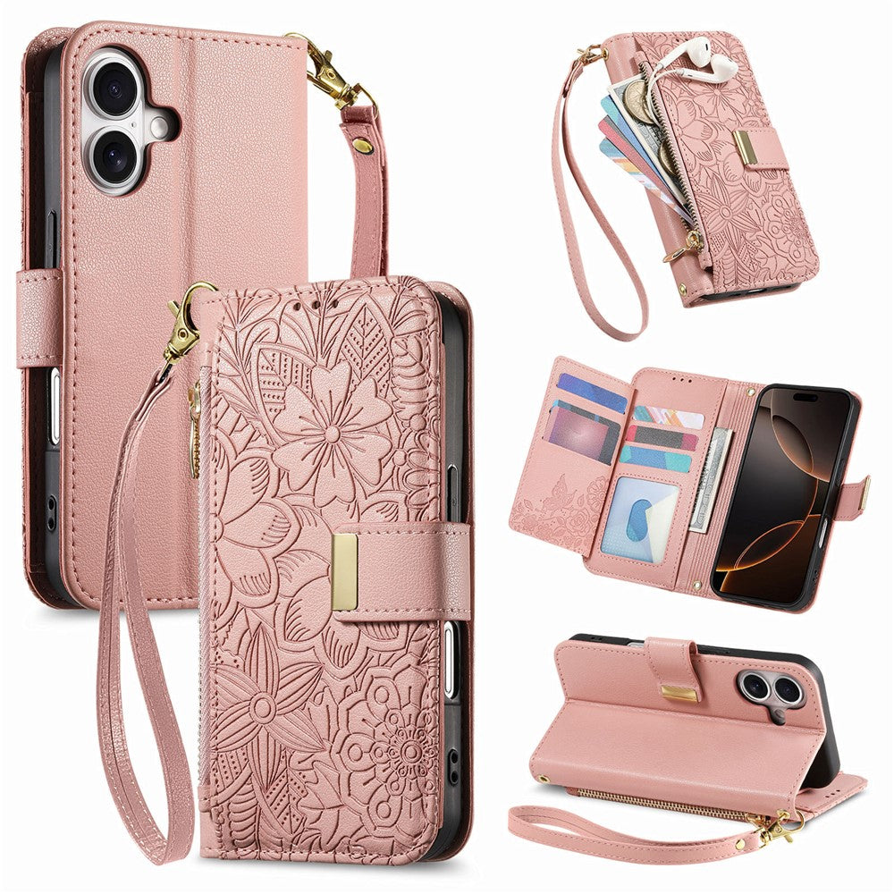 iPhone 17 Wallet-Hülle – Blumenblattmuster, Reißverschluss & Handschlaufe
