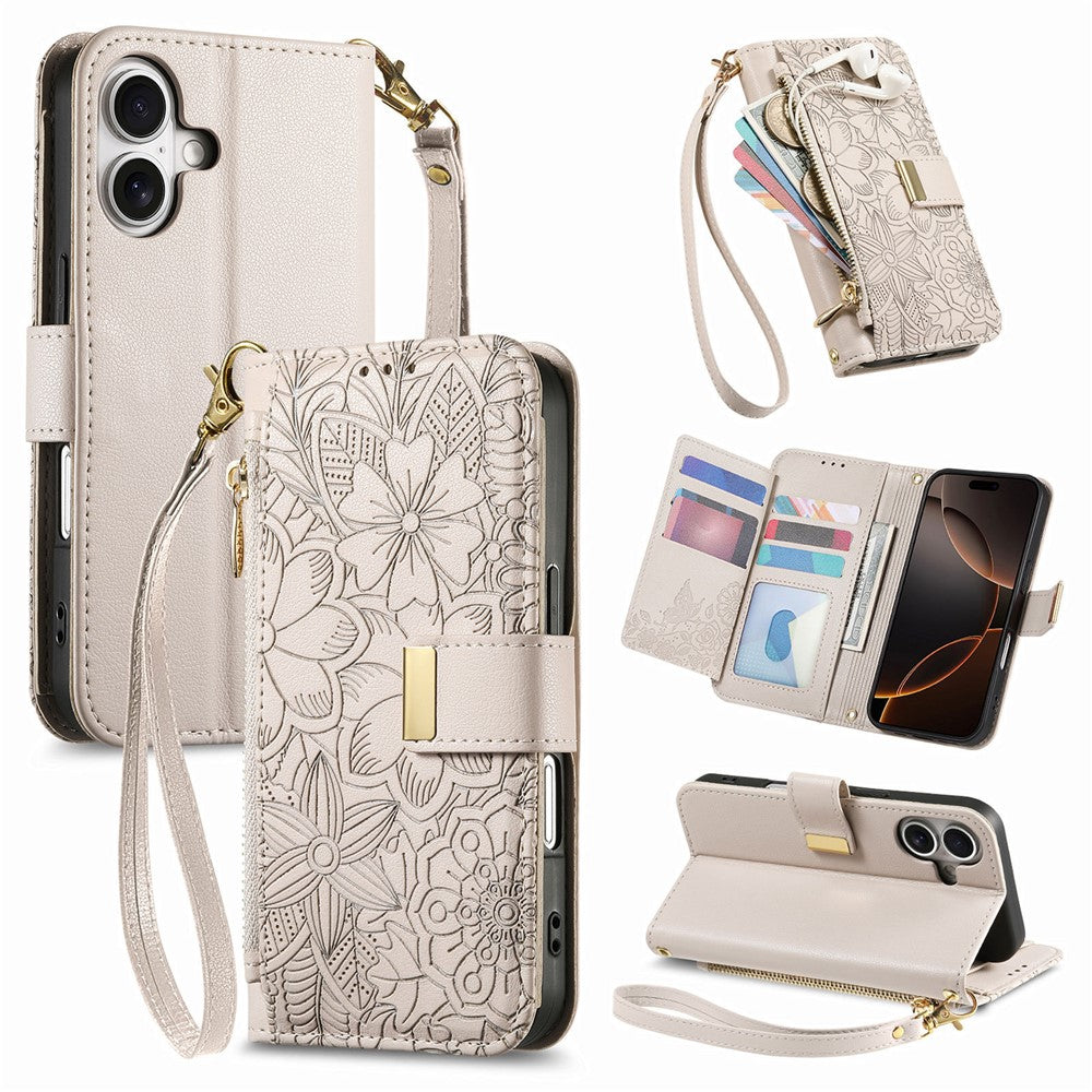 iPhone 17 Wallet-Hülle – Blumenblattmuster, Reißverschluss & Handschlaufe