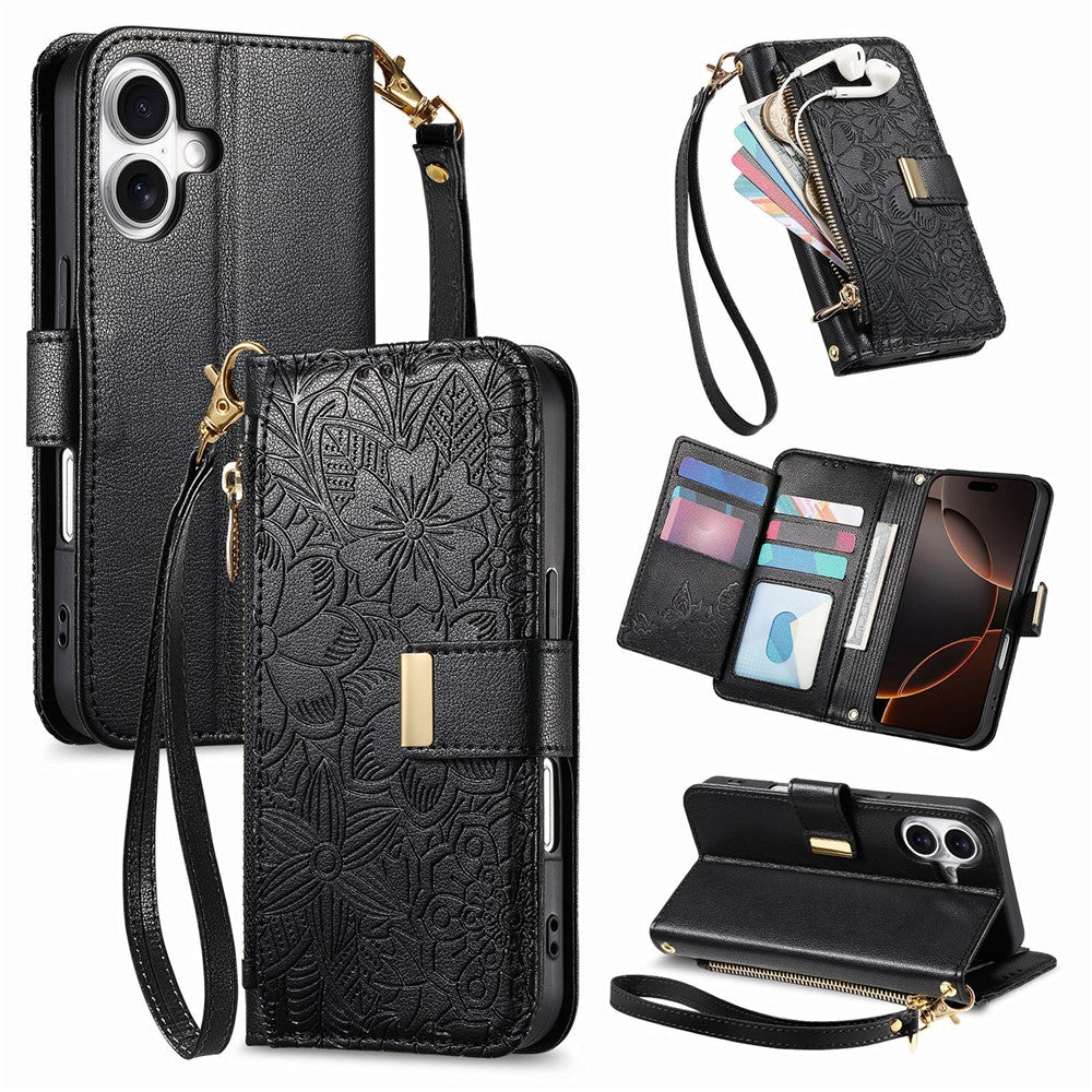 iPhone 17 Wallet-Hülle – Blumenblattmuster, Reißverschluss & Handschlaufe