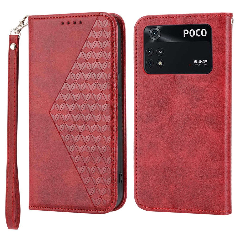 For Xiaomi Poco X4 Pro 5G Imprinted Rhombus Pattern Phone Stand Case Calf Texture PU Leather Wallet Magnetic Closure Cover with Strap