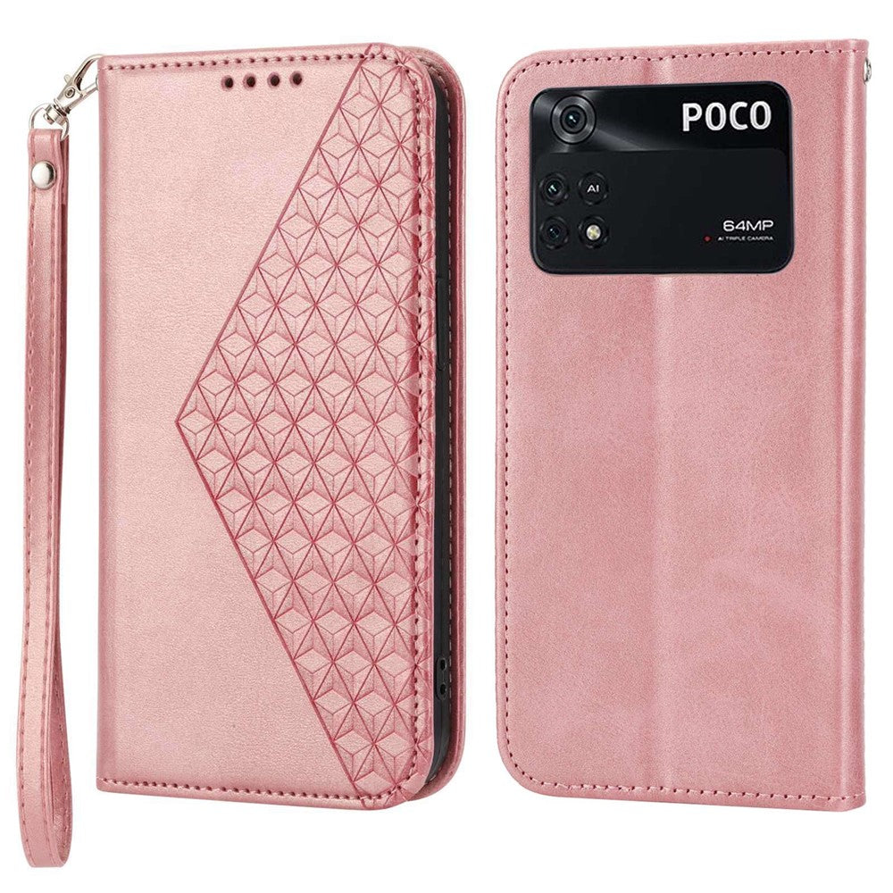 For Xiaomi Poco X4 Pro 5G Imprinted Rhombus Pattern Phone Stand Case Calf Texture PU Leather Wallet Magnetic Closure Cover with Strap