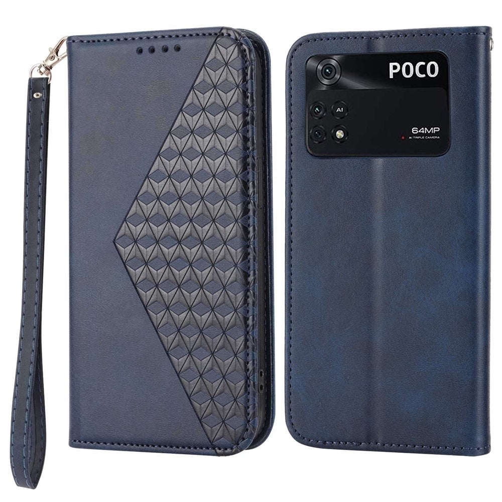 For Xiaomi Poco X4 Pro 5G Imprinted Rhombus Pattern Phone Stand Case Calf Texture PU Leather Wallet Magnetic Closure Cover with Strap