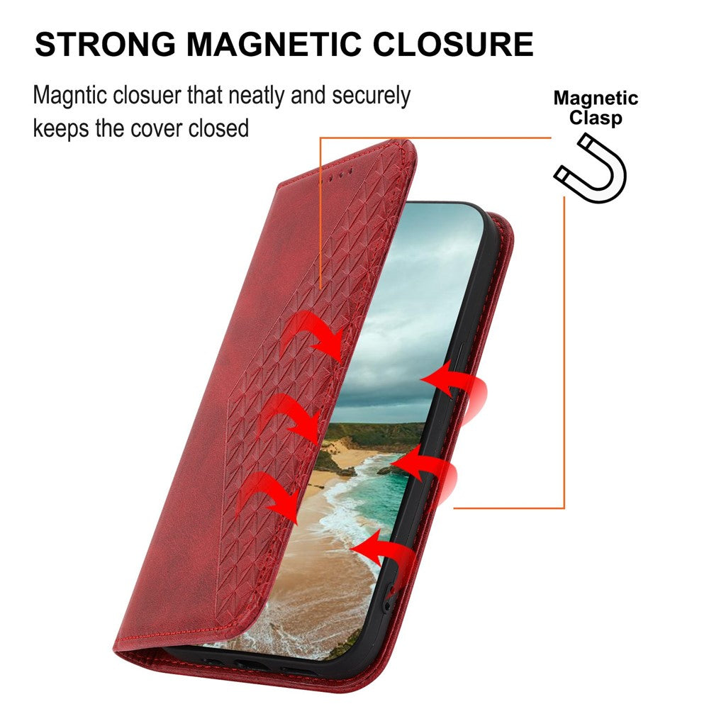 For Xiaomi Poco M4 Pro 4G Imprinted Rhombus Pattern Calf Texture PU Leather Case Anti-drop Stand Wallet Cover with Strap