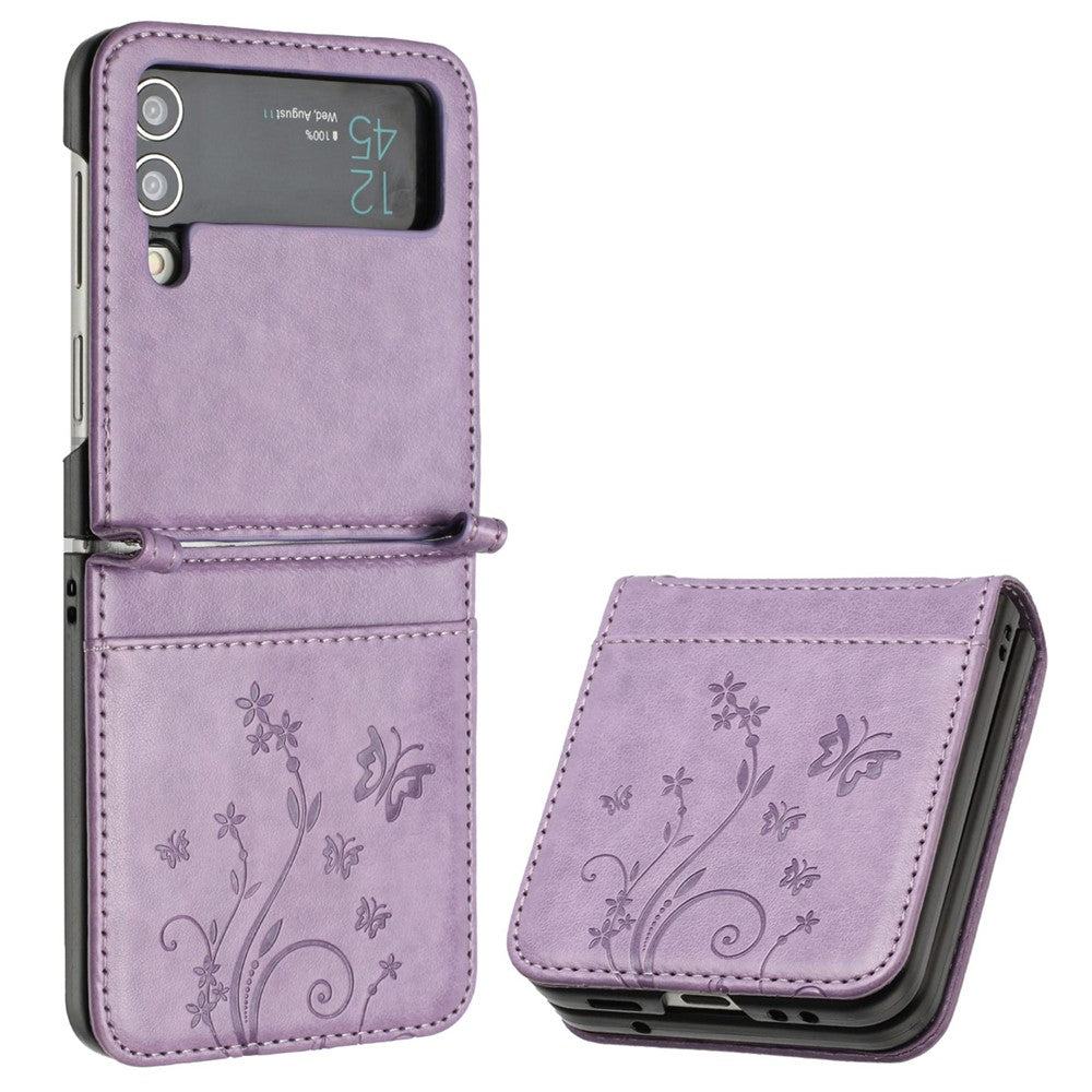 For Samsung Galaxy Z Flip4 5G PU Leather Imprinting Flower Butterflies Phone Cover Anti-Drop Protective Case