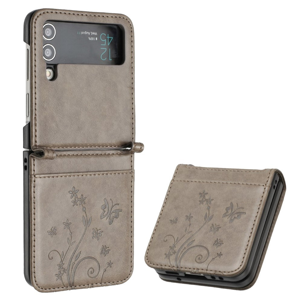 For Samsung Galaxy Z Flip4 5G PU Leather Imprinting Flower Butterflies Phone Cover Anti-Drop Protective Case