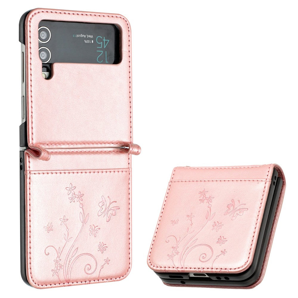 For Samsung Galaxy Z Flip4 5G PU Leather Imprinting Flower Butterflies Phone Cover Anti-Drop Protective Case