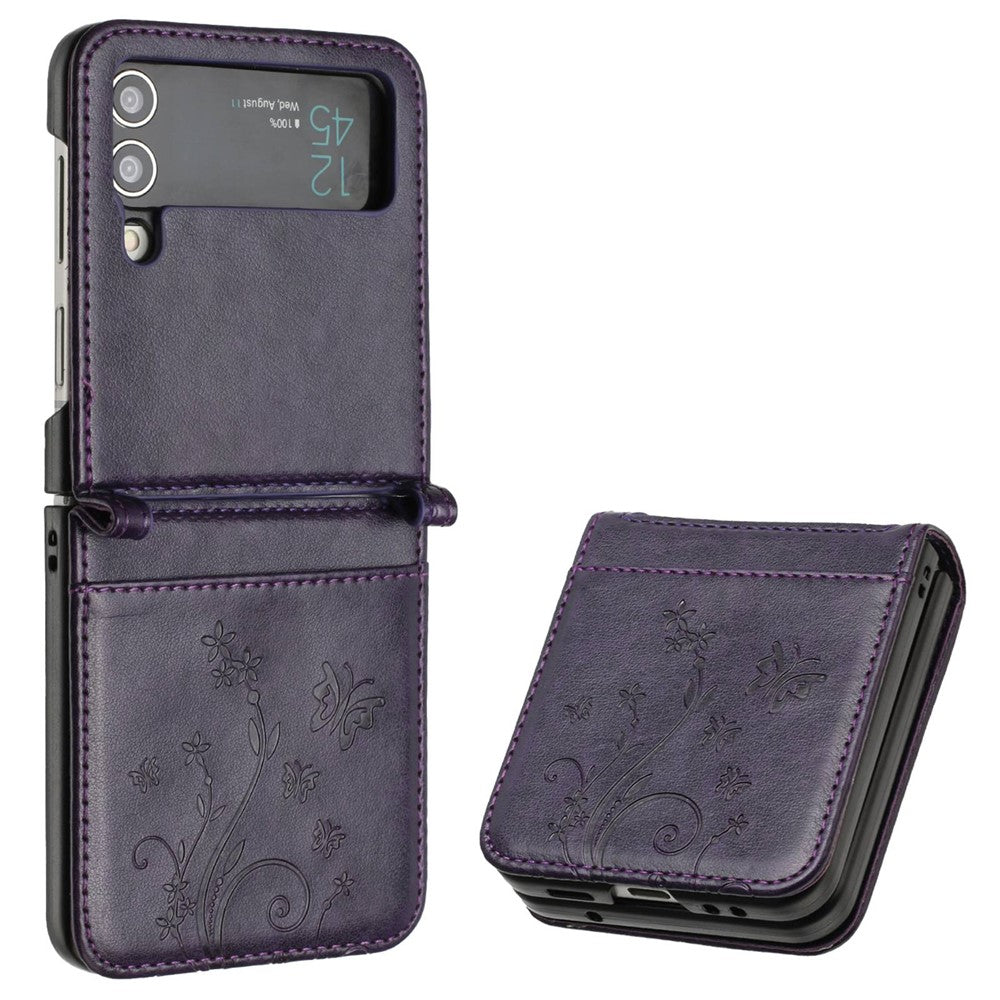 For Samsung Galaxy Z Flip4 5G PU Leather Imprinting Flower Butterflies Phone Cover Anti-Drop Protective Case