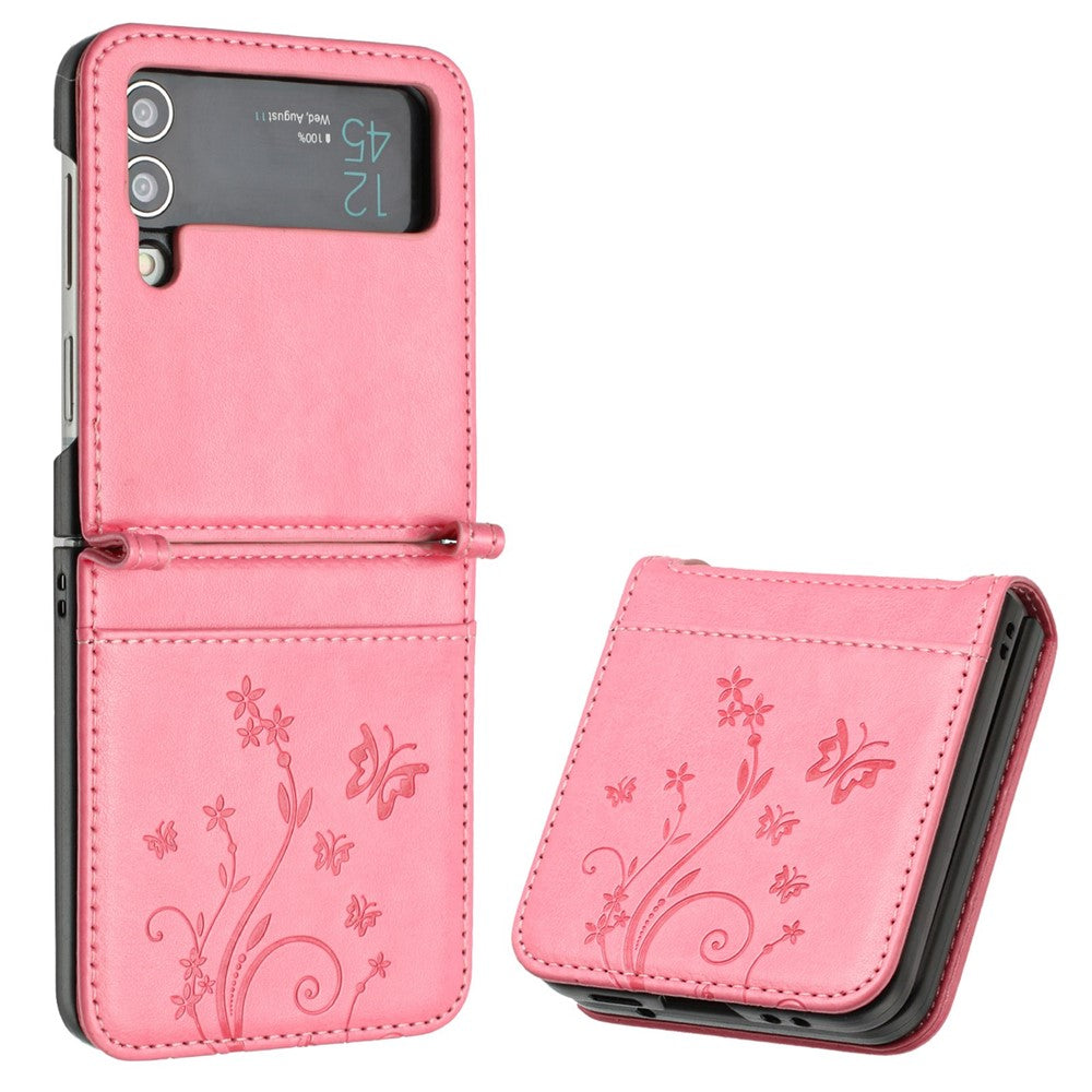 For Samsung Galaxy Z Flip4 5G PU Leather Imprinting Flower Butterflies Phone Cover Anti-Drop Protective Case