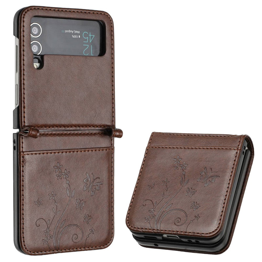 For Samsung Galaxy Z Flip4 5G PU Leather Imprinting Flower Butterflies Phone Cover Anti-Drop Protective Case