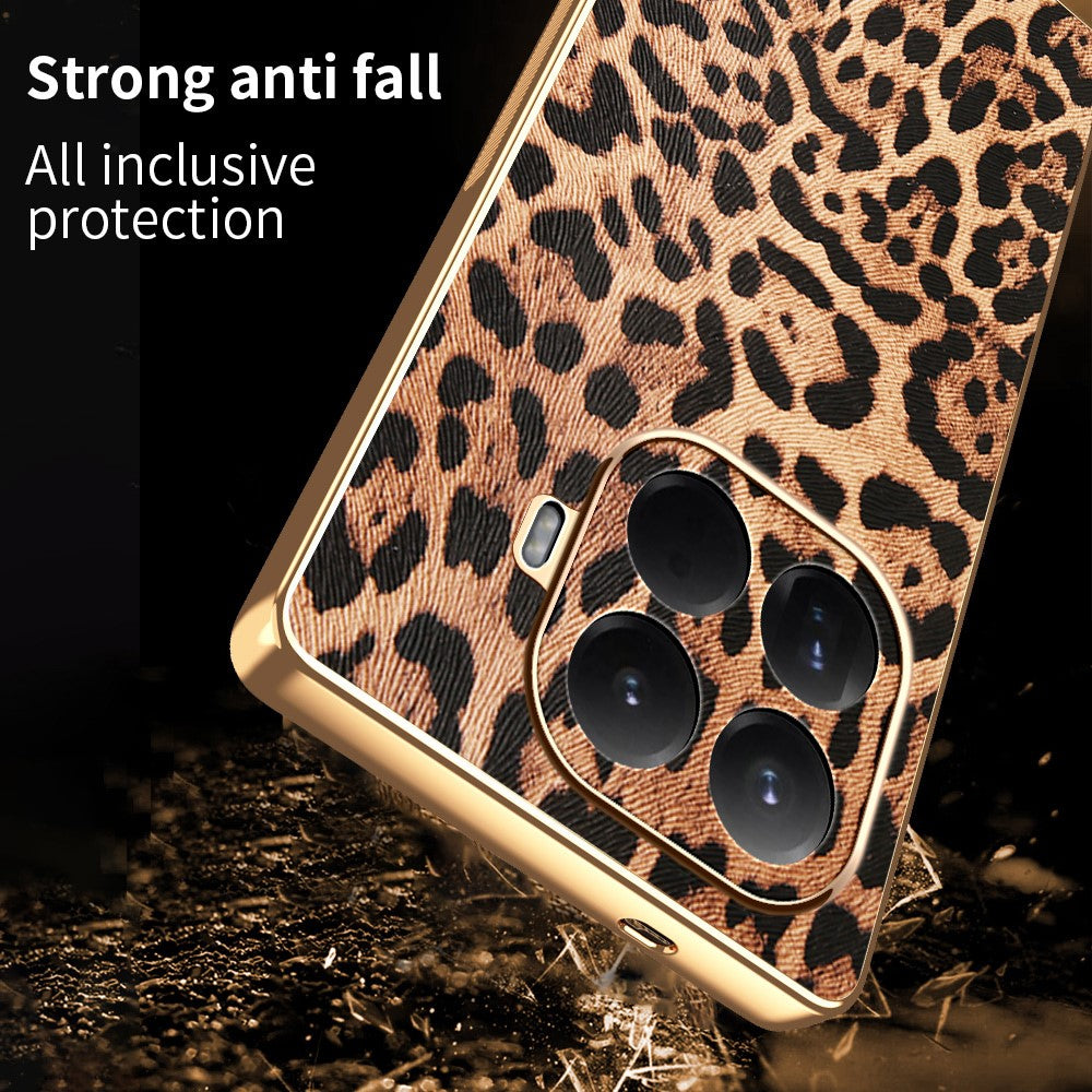 For Xiaomi 15T Pro Case Leopard Print PU Leather Coated PC + TPU Electroplating Phone Cover