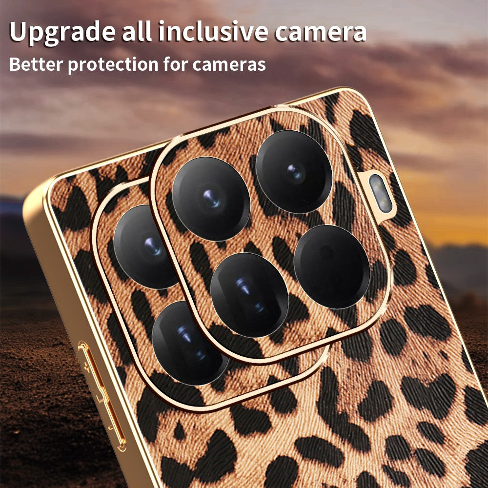 For Xiaomi 15T Pro Case Leopard Print PU Leather Coated PC + TPU Electroplating Phone Cover