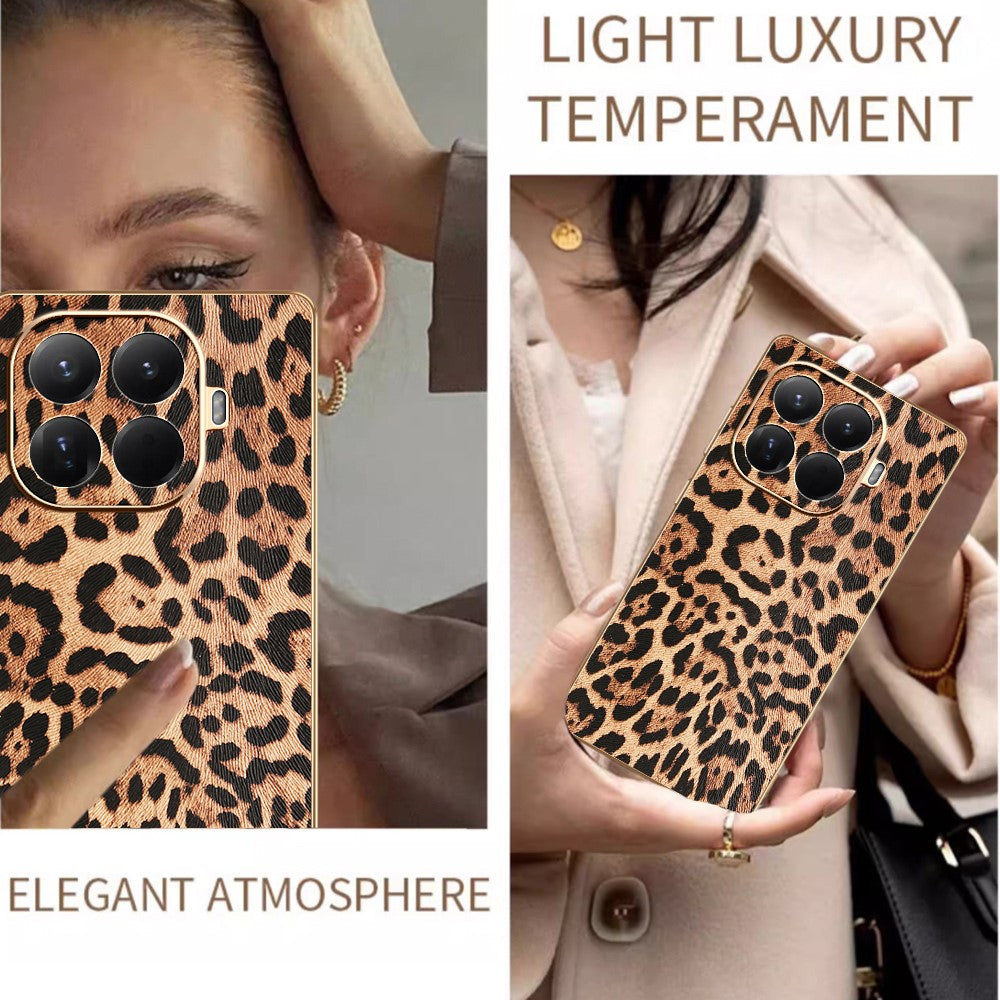 For Xiaomi 15T Pro Case Leopard Print PU Leather Coated PC + TPU Electroplating Phone Cover