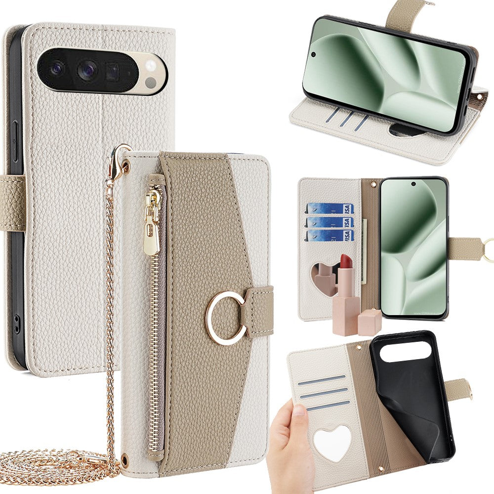 Pixel 10 Wallet-Hülle – Litschi-Textur, mit Spiegel & Kettenschultergurt