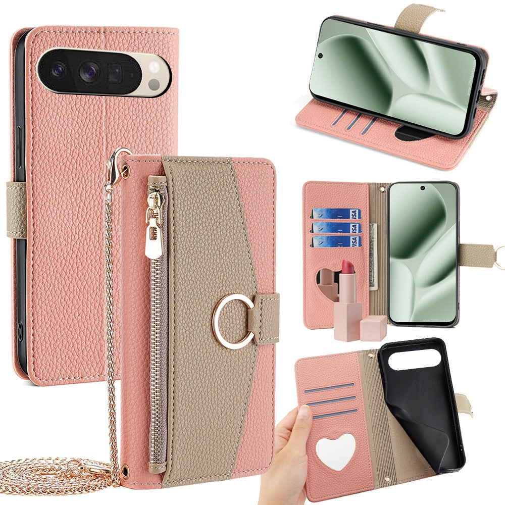 Pixel 10 Wallet-Hülle – Litschi-Textur, mit Spiegel & Kettenschultergurt