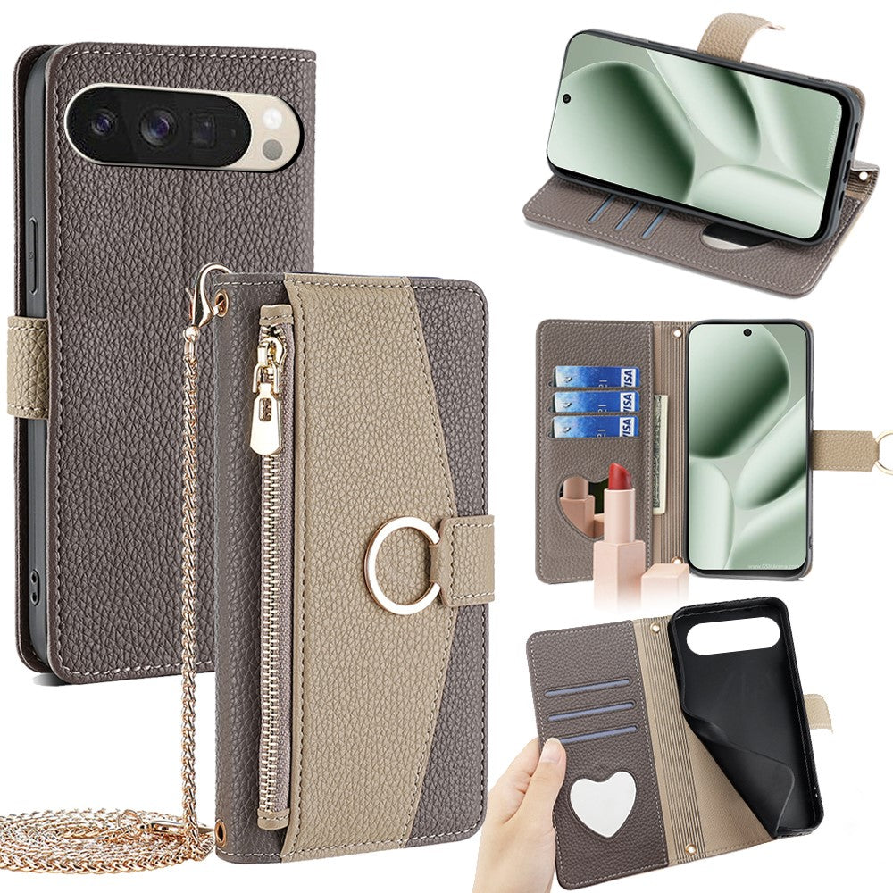 Pixel 10 Wallet-Hülle – Litschi-Textur, mit Spiegel & Kettenschultergurt