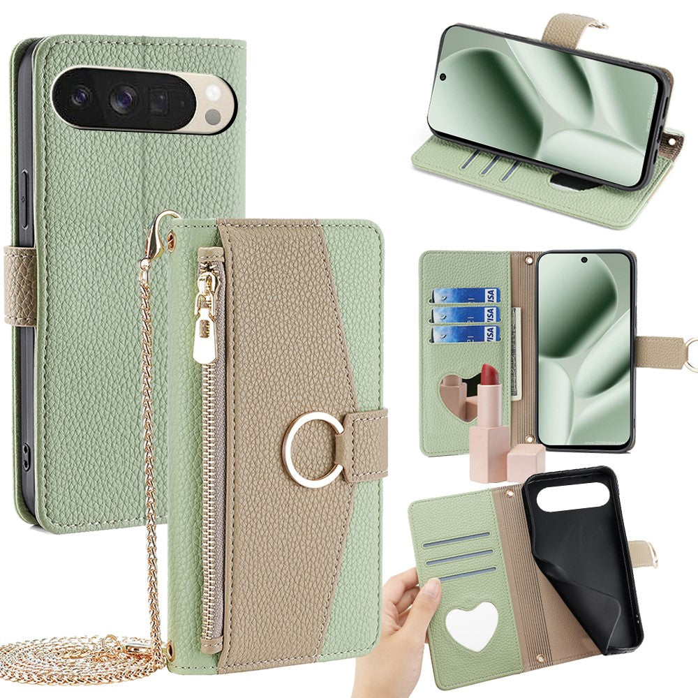 Pixel 10 Wallet-Hülle – Litschi-Textur, mit Spiegel & Kettenschultergurt