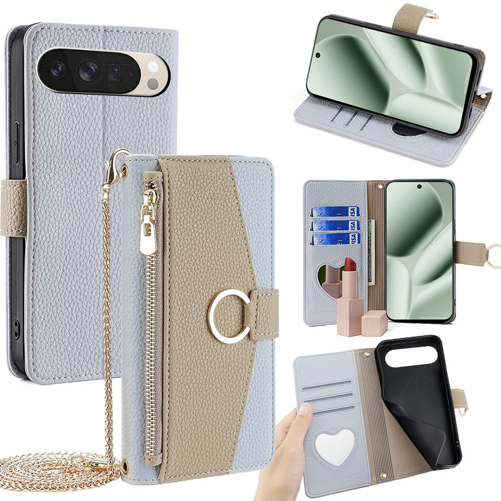 Pixel 10 Wallet-Hülle – Litschi-Textur, mit Spiegel & Kettenschultergurt