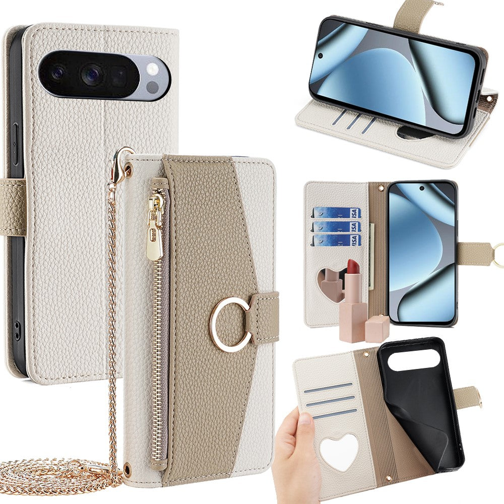 Pixel 10 Pro XL Wallet-Hülle – Litschi-Textur, mit Spiegel & Kettenschultergurt