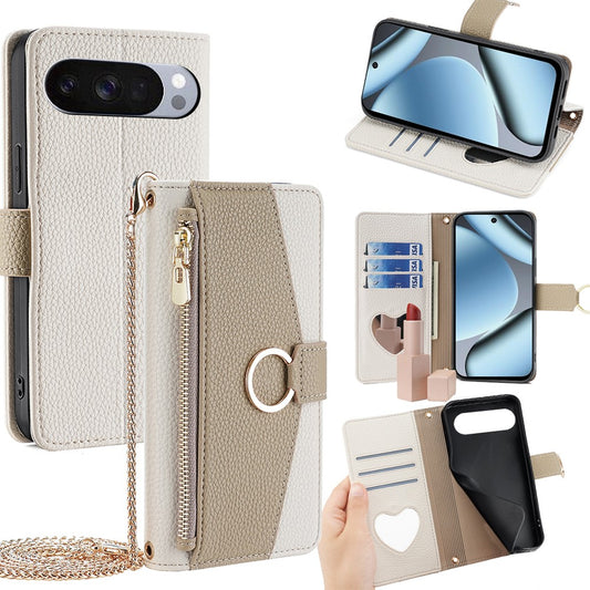 Pixel 10 Pro XL Wallet-Hülle – Litschi-Textur, mit Spiegel & Kettenschultergurt