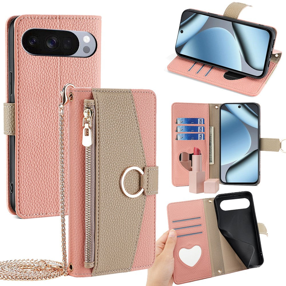 Pixel 10 Pro XL Wallet-Hülle – Litschi-Textur, mit Spiegel & Kettenschultergurt