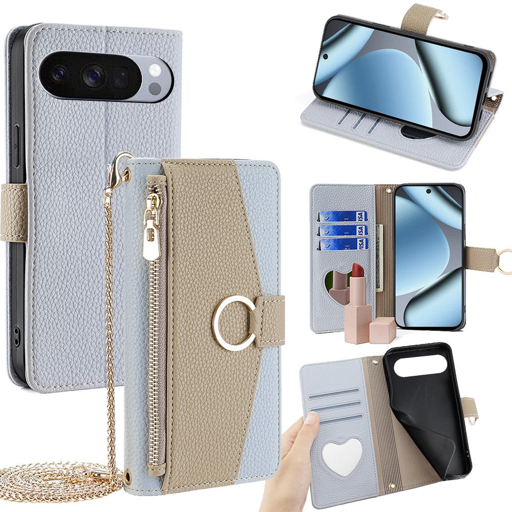 Pixel 10 Pro XL Wallet-Hülle – Litschi-Textur, mit Spiegel & Kettenschultergurt