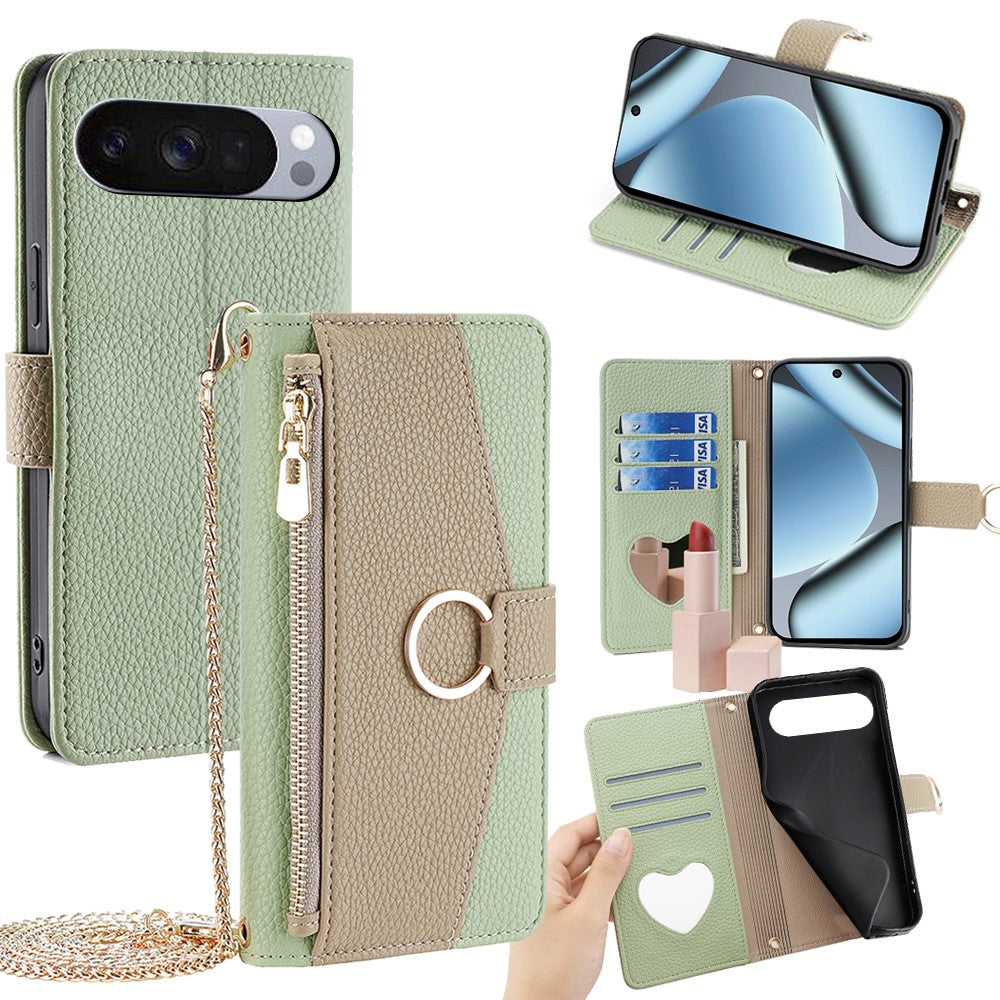 Pixel 10 Pro XL Wallet-Hülle – Litschi-Textur, mit Spiegel & Kettenschultergurt