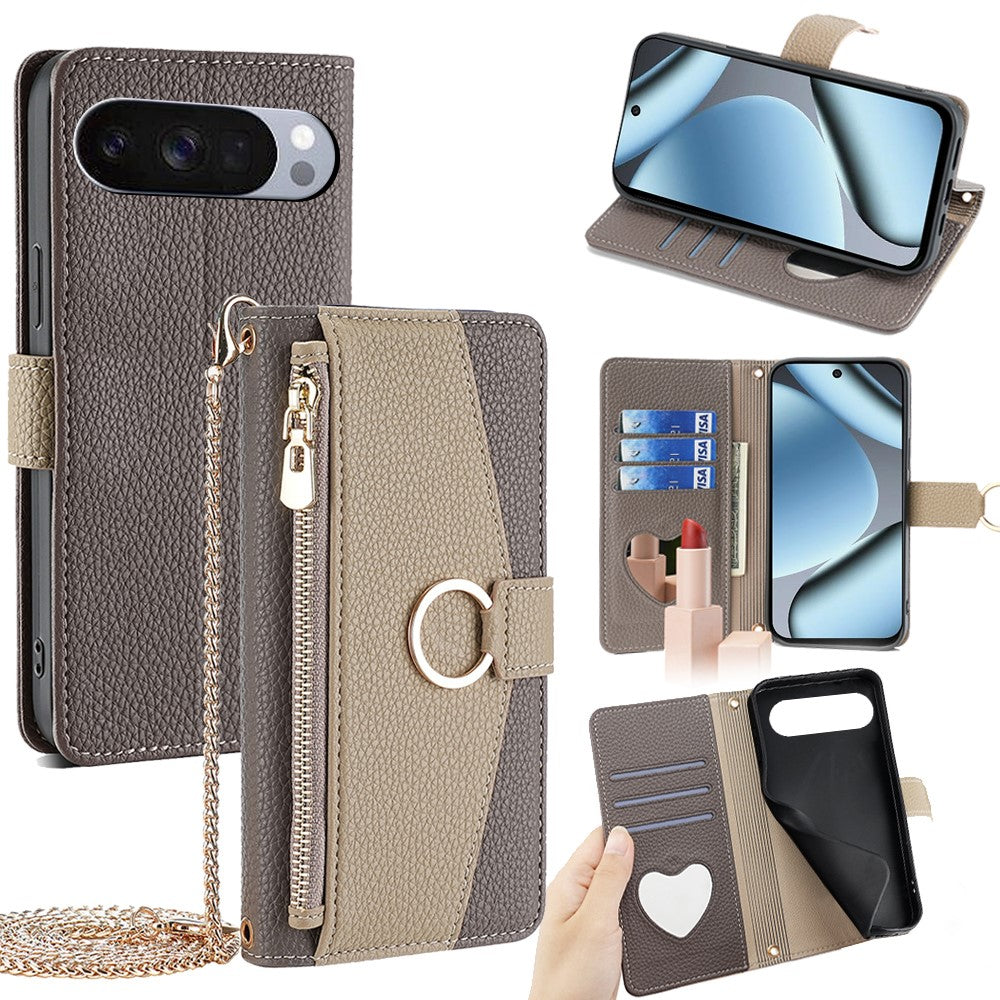 Pixel 10 Pro XL Wallet-Hülle – Litschi-Textur, mit Spiegel & Kettenschultergurt