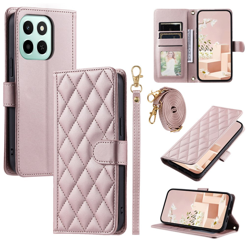 PU Leather Case for Honor X6c 4G / X6b 4G / X6a 4G Wallet Rhombus Grid Phone Cover with Shoulder Strap / Wrist Strap