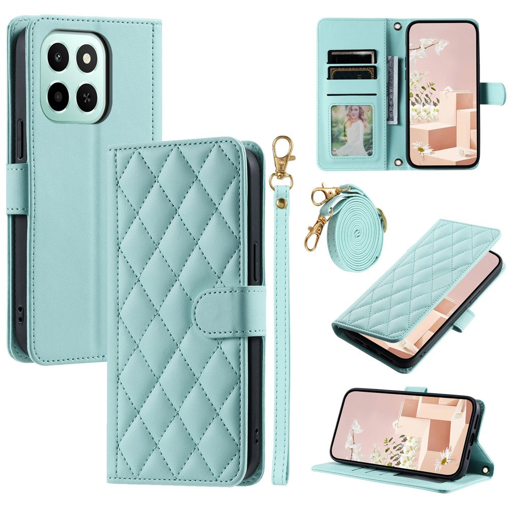 PU Leather Case for Honor X6c 4G / X6b 4G / X6a 4G Wallet Rhombus Grid Phone Cover with Shoulder Strap / Wrist Strap