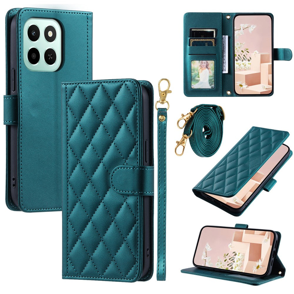 PU Leather Case for Honor X6c 4G / X6b 4G / X6a 4G Wallet Rhombus Grid Phone Cover with Shoulder Strap / Wrist Strap
