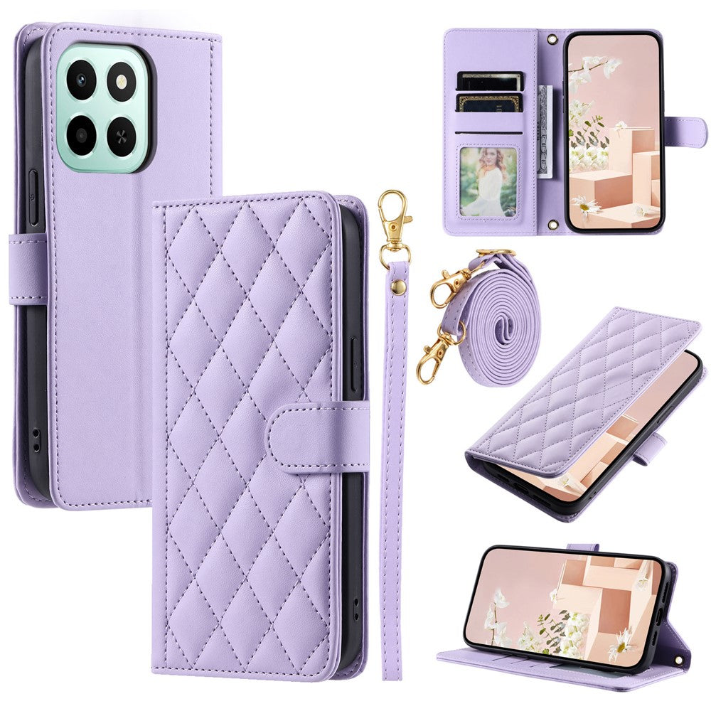 PU Leather Case for Honor X6c 4G / X6b 4G / X6a 4G Wallet Rhombus Grid Phone Cover with Shoulder Strap / Wrist Strap