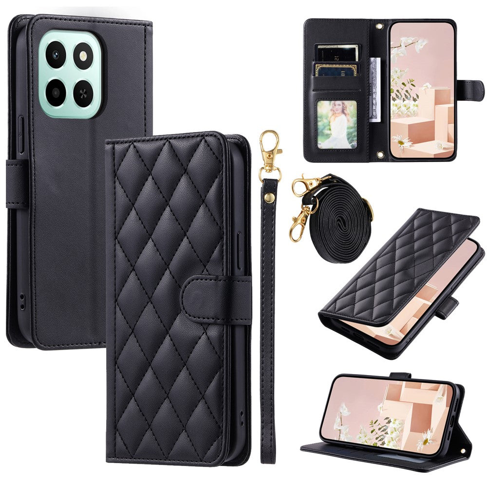 PU Leather Case for Honor X6c 4G / X6b 4G / X6a 4G Wallet Rhombus Grid Phone Cover with Shoulder Strap / Wrist Strap