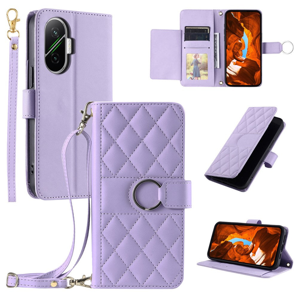 For Xiaomi Poco F7 5G / Redmi Turbo 4 Pro 5G Case Ring Buckle Wallet Stand Rhombus Crossbody Leather Mobile Cover