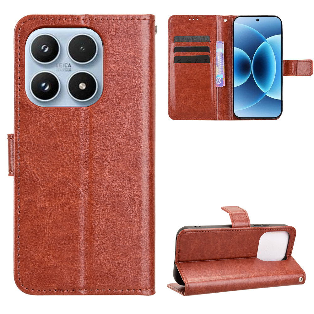 For Xiaomi 17 PU Leather Case with Strap Crazy Horse Texture Phone Wallet Cover