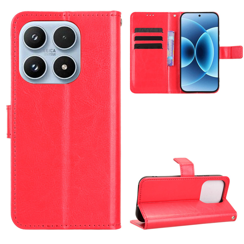 For Xiaomi 17 PU Leather Case with Strap Crazy Horse Texture Phone Wallet Cover