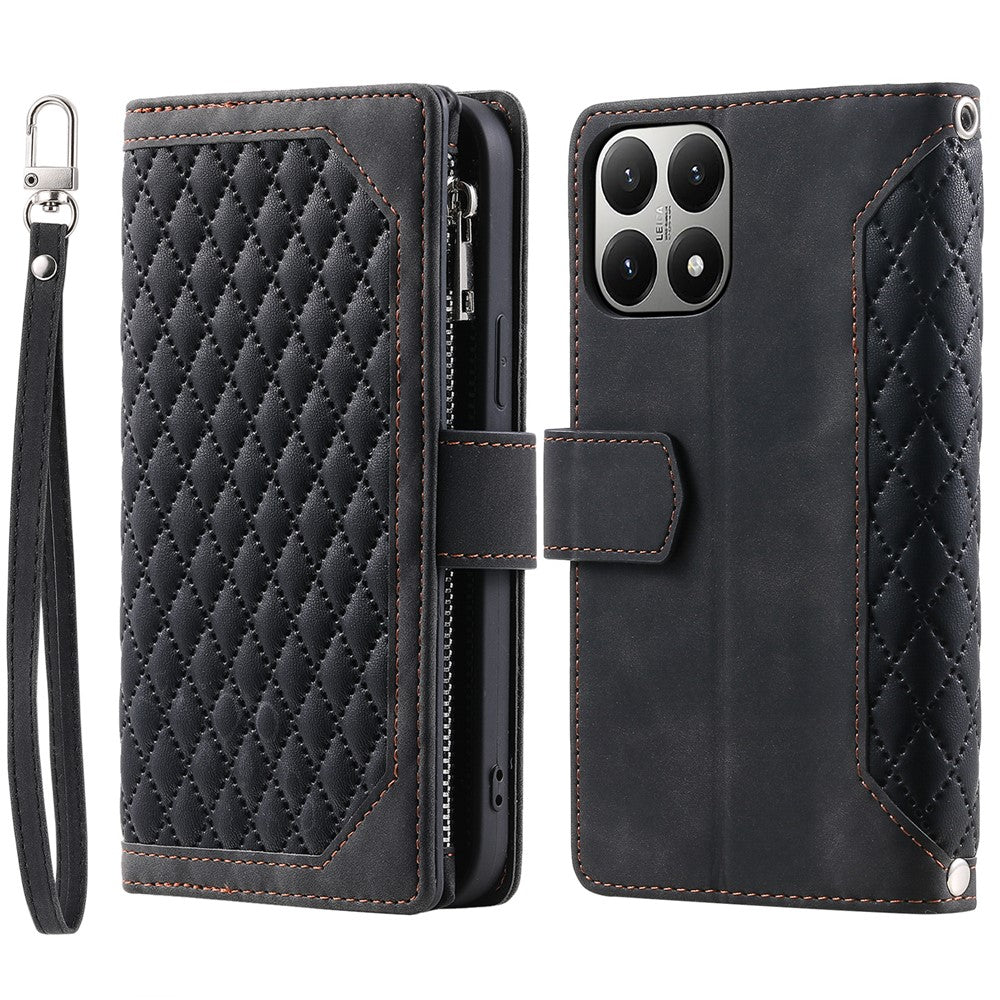 For Xiaomi 15T Wallet Case Rhombus Stitching Line PU Leather Phone Cover with Wrist Strap