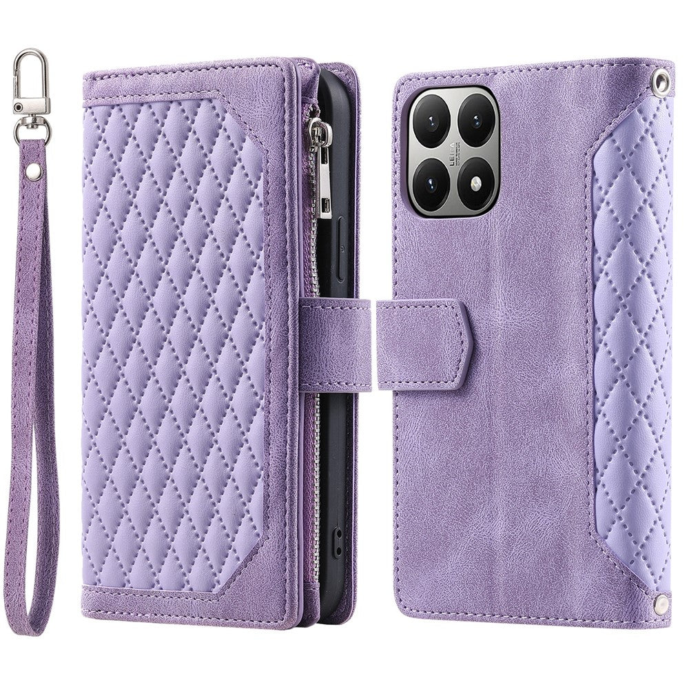 For Xiaomi 15T Wallet Case Rhombus Stitching Line PU Leather Phone Cover with Wrist Strap