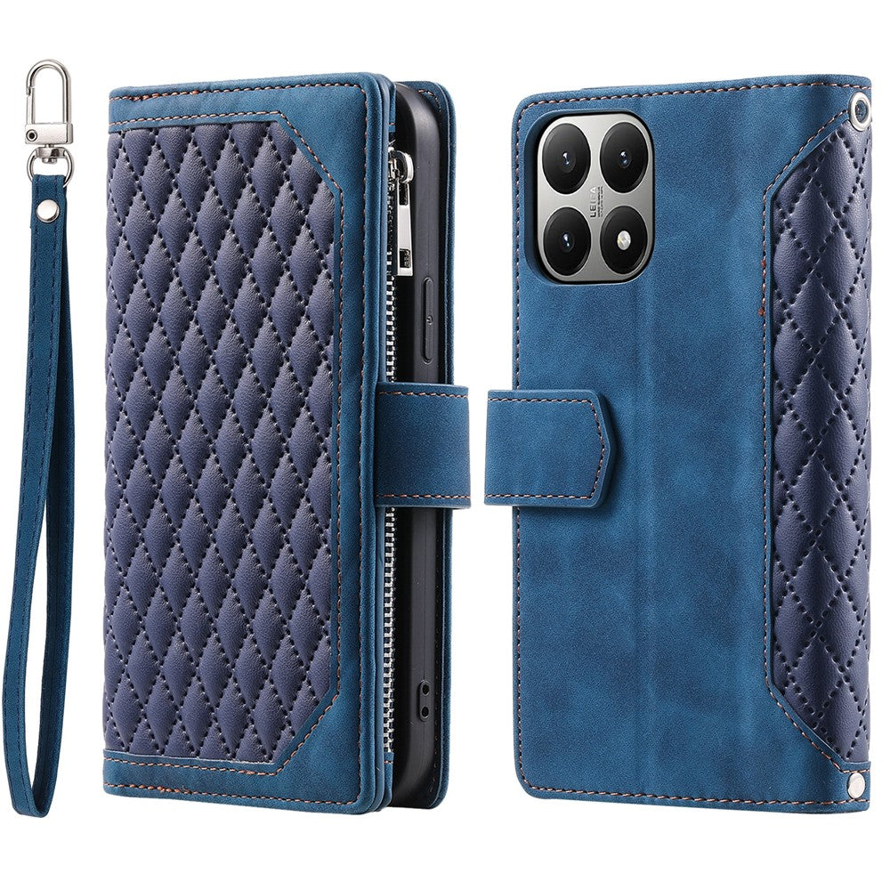 For Xiaomi 15T Wallet Case Rhombus Stitching Line PU Leather Phone Cover with Wrist Strap